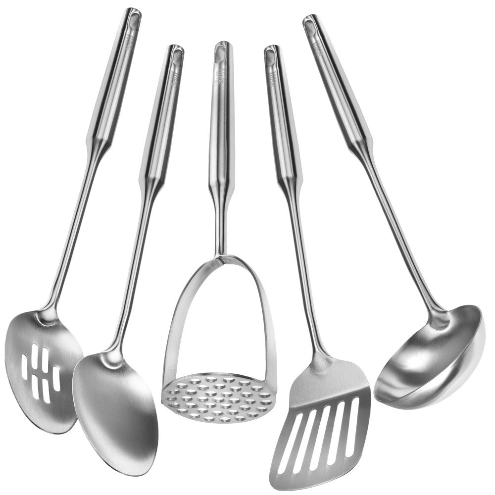 YBM Home Stainless Steel Cooking Utensils Set, 5 Pieces Kitchen Utensils Set - Solid Spoon, Slotted Spoon, Ladle, Spatula, Masher
